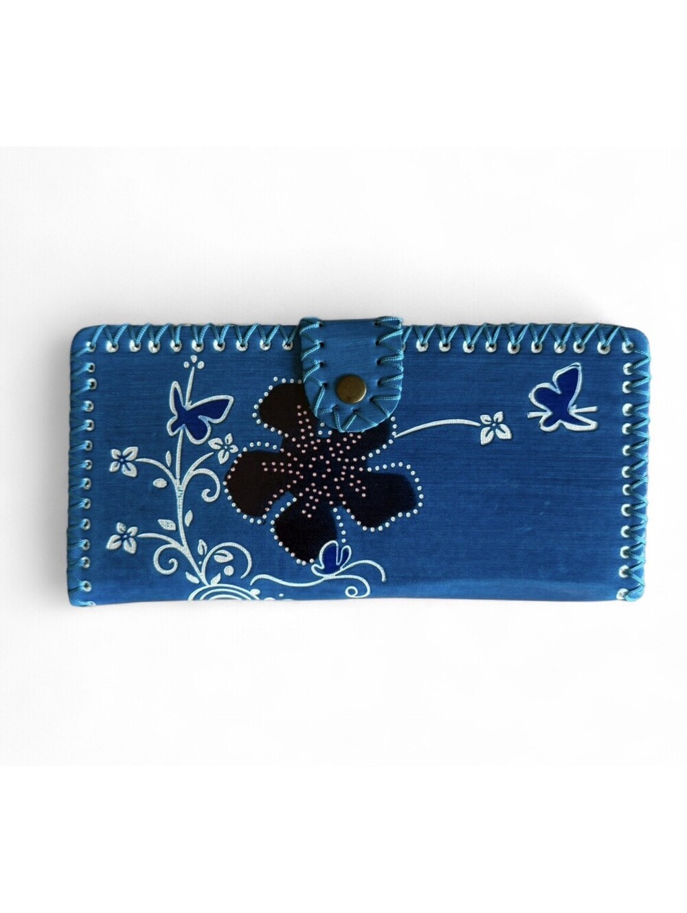 Handmade Boho Blue Faux Leather Wallet Floral Butterfly Snap Whipstitched